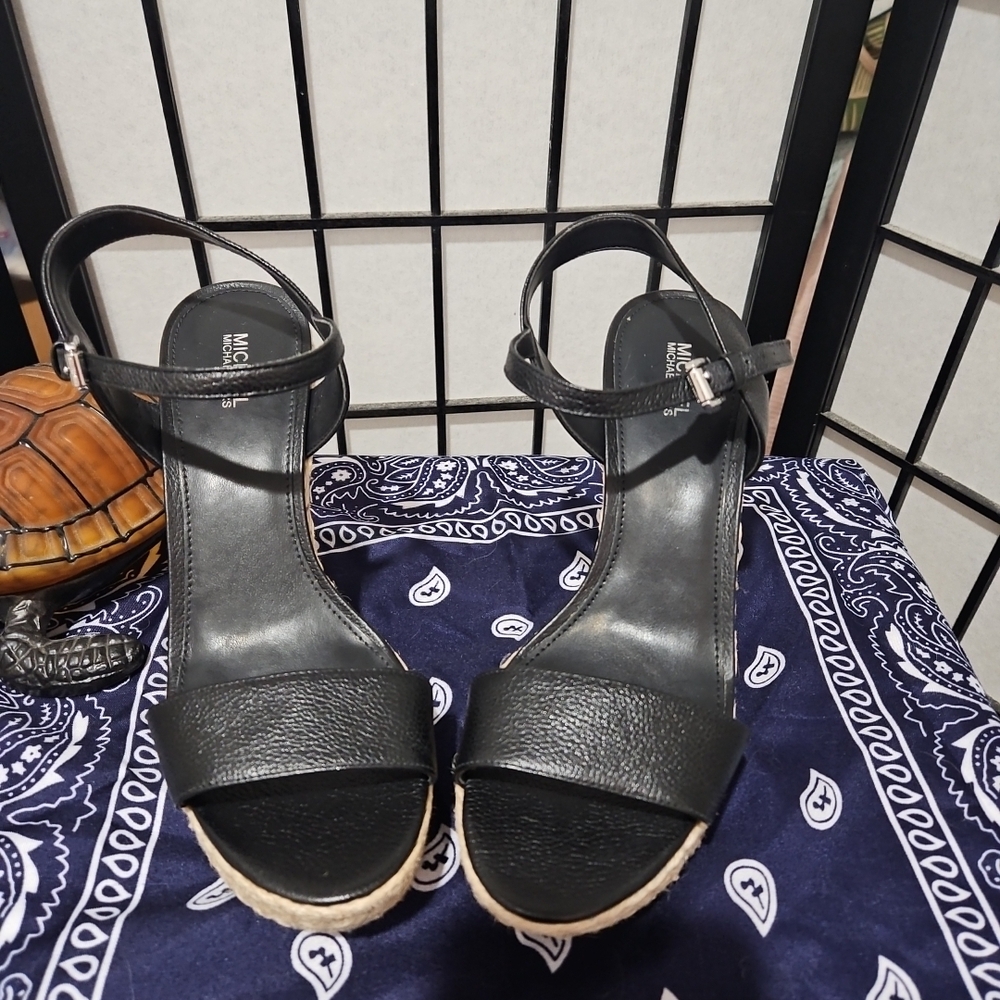 NEW Michael Kors 8.5 Black Leather Espadrilles With 4" Heels